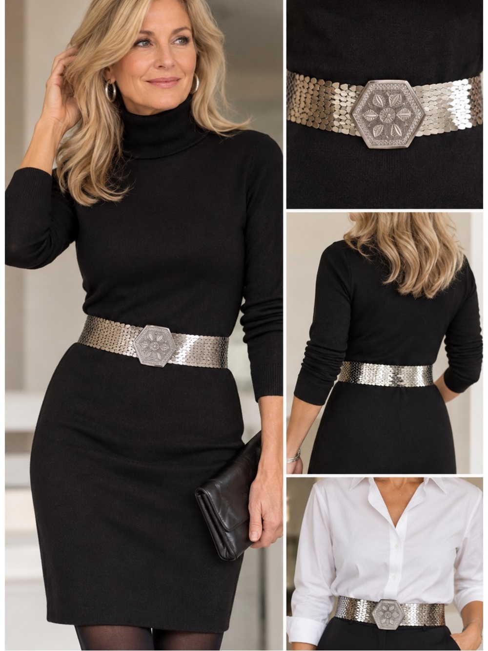 Silver Stretch Silver Metal Scale Hexagon Medallion Statement Boho Belt